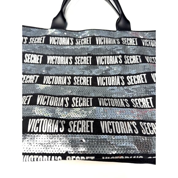 Victorias Secret Large Sequin Tote Bag Black & Silver With Zip Closure - Picture 2 of 10